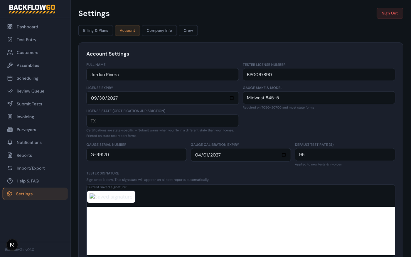 Settings page with tester profile